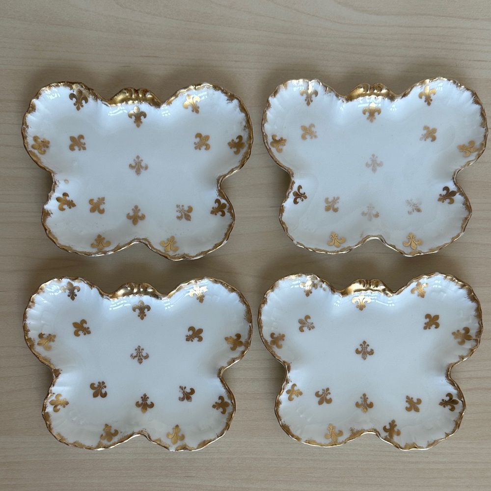 Jean Pouyat Limoges Gold and White Fleur de Lis Petit Plate Set from France
